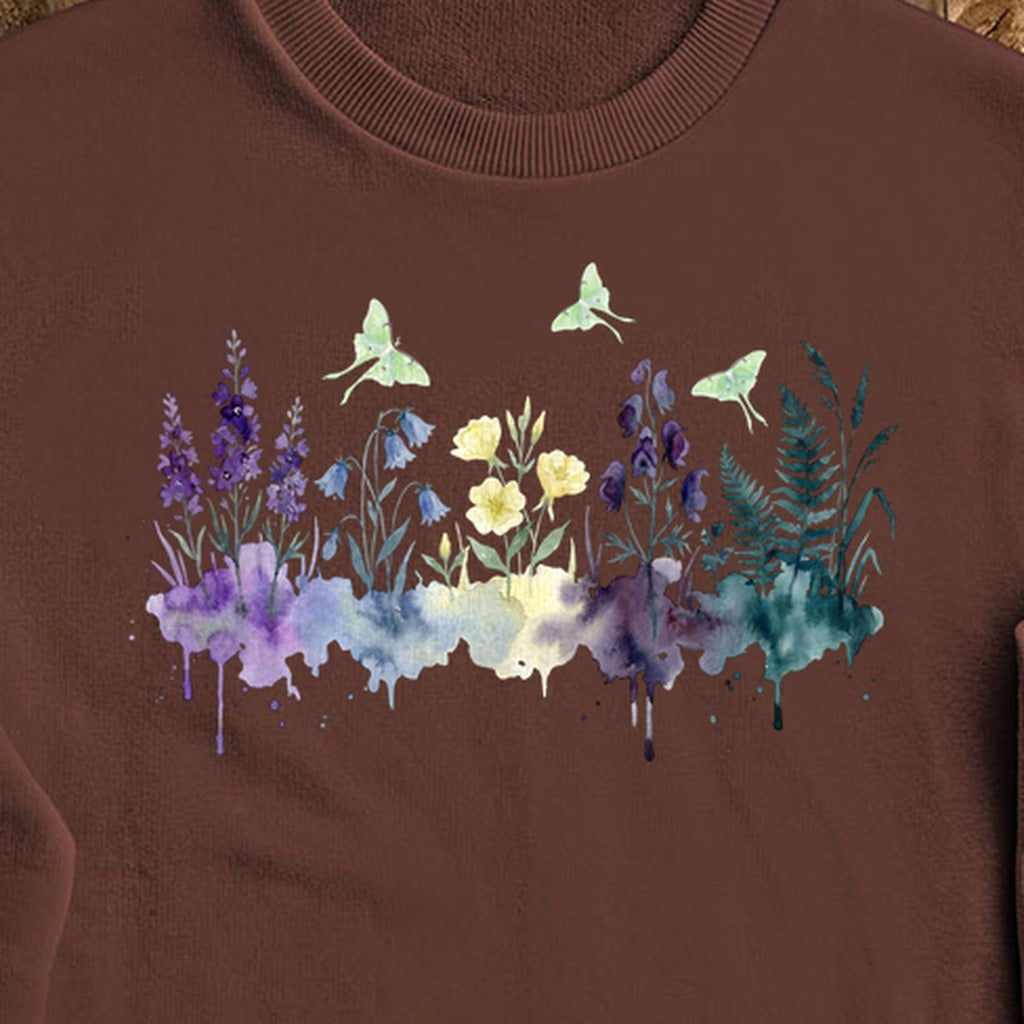 Watercolor Luna Moth Wildflowers Crewneck Sweatshirt