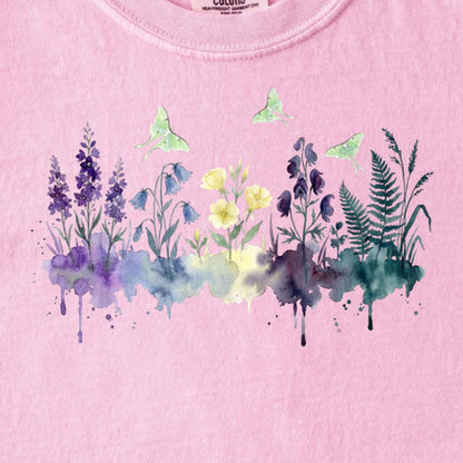 Watercolor Luna Moth Wildflowers Kids Cotton T-Shirt
