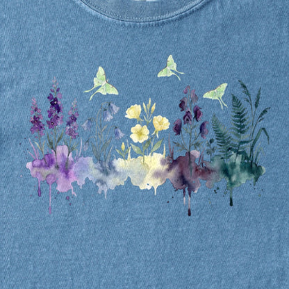 Watercolor Luna Moth Wildflowers Kids Cotton T-Shirt