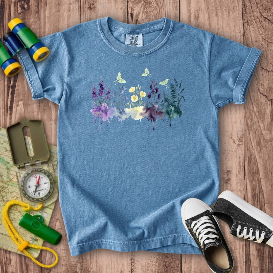 Watercolor Luna Moth Wildflowers Kids Cotton T-Shirt