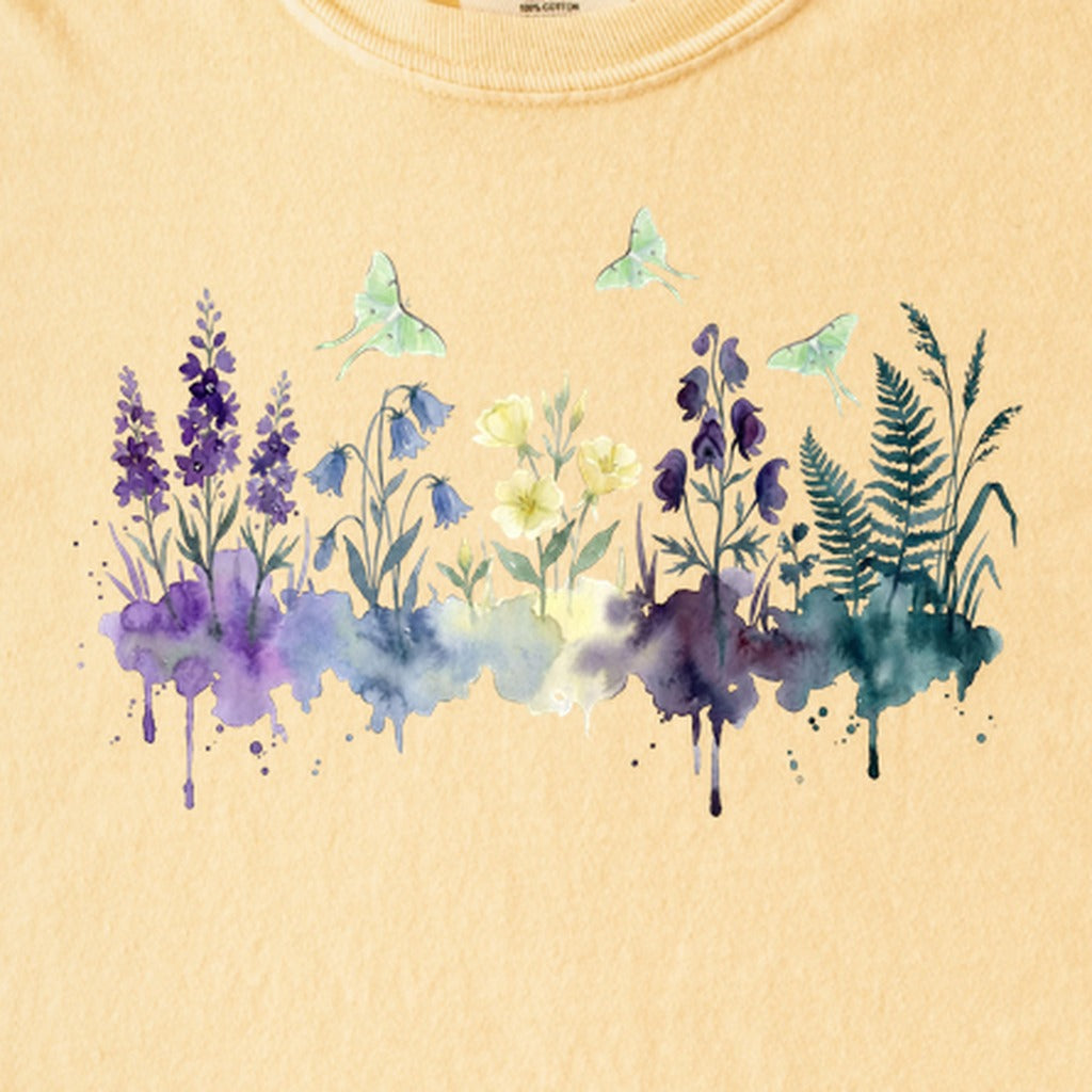 Watercolor Luna Moth Wildflowers Kids Cotton T-Shirt