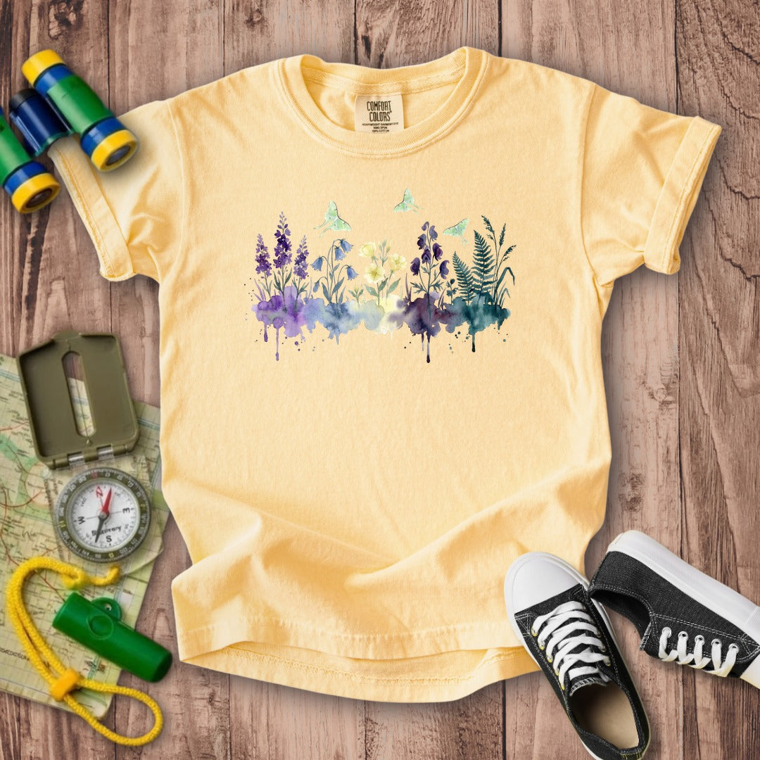 Watercolor Luna Moth Wildflowers Kids Cotton T-Shirt