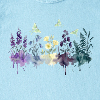 Watercolor Luna Moth Wildflowers Kids Cotton T-Shirt