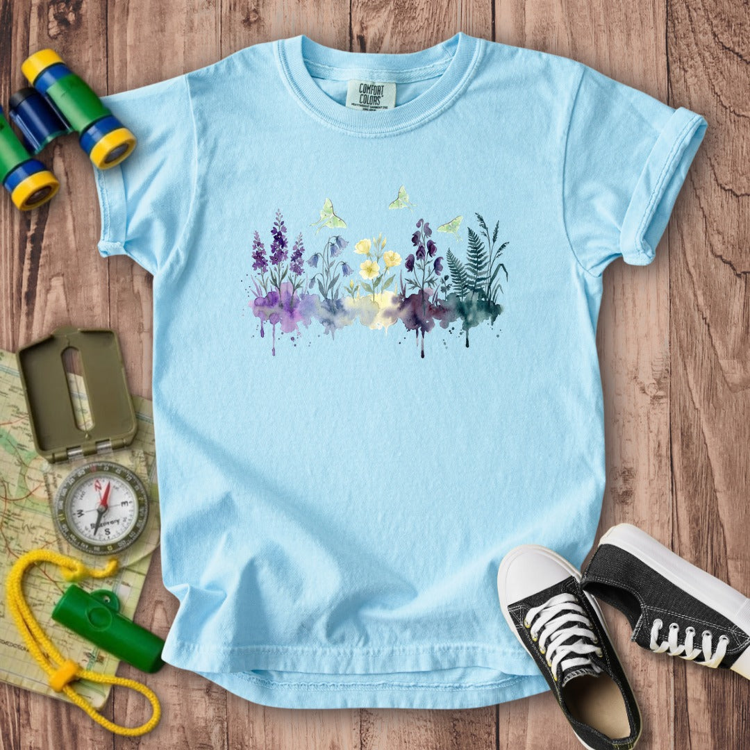 Watercolor Luna Moth Wildflowers Kids Cotton T-Shirt