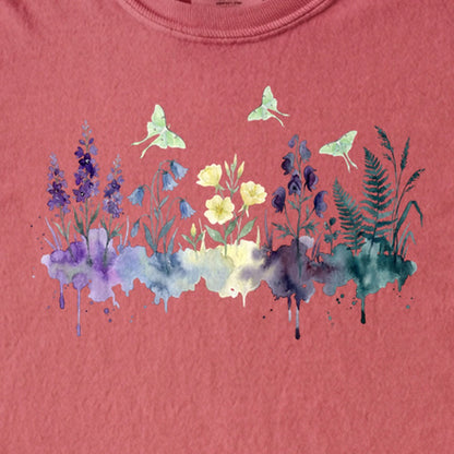 Watercolor Luna Moth Wildflowers Kids Cotton T-Shirt