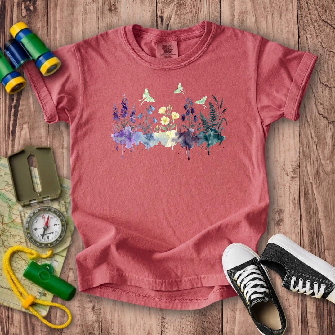 Watercolor Luna Moth Wildflowers Kids Cotton T-Shirt