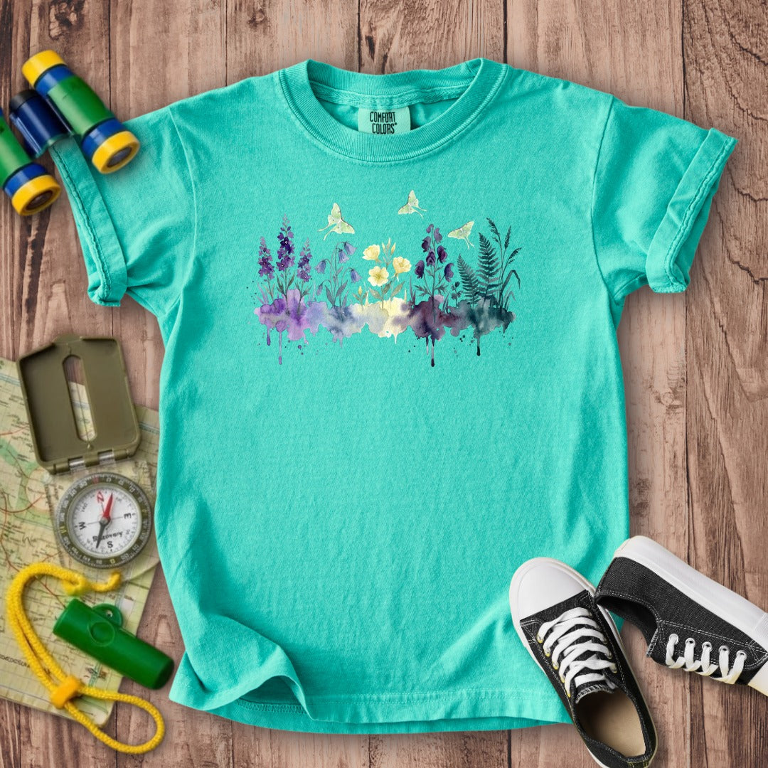 Watercolor Luna Moth Wildflowers Kids Cotton T-Shirt