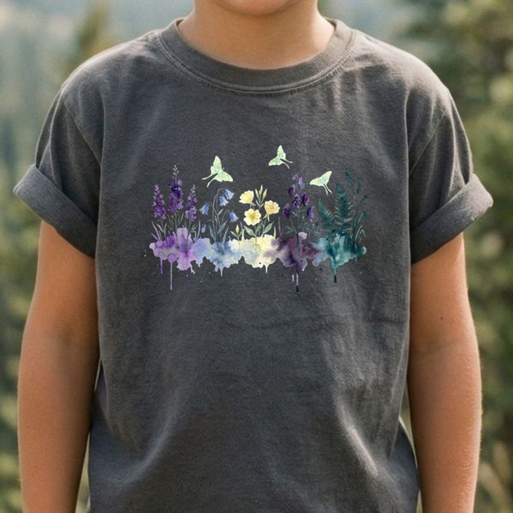 Watercolor Luna Moth Wildflowers Kids Cotton T-Shirt