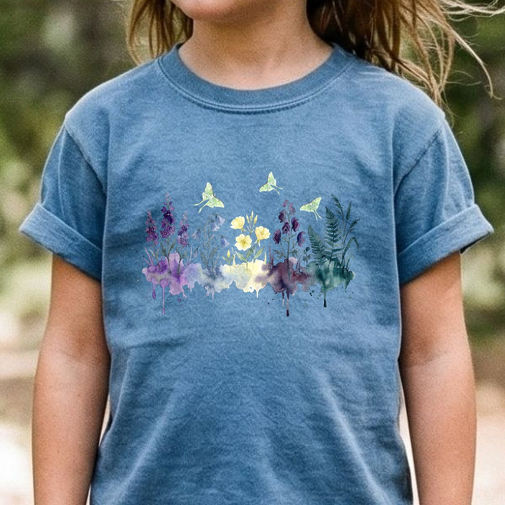 Watercolor Luna Moth Wildflowers Kids Cotton T-Shirt