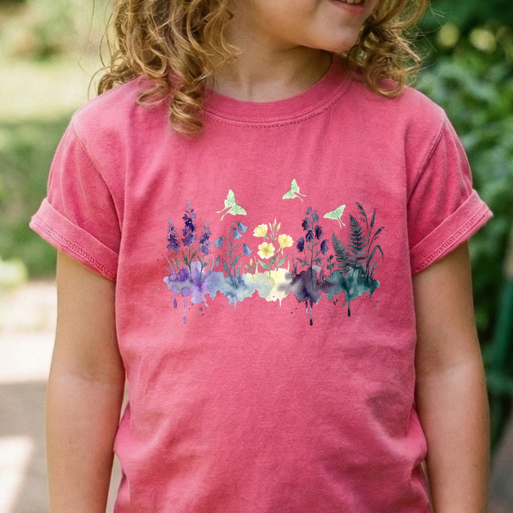 Watercolor Luna Moth Wildflowers Kids Cotton T-Shirt