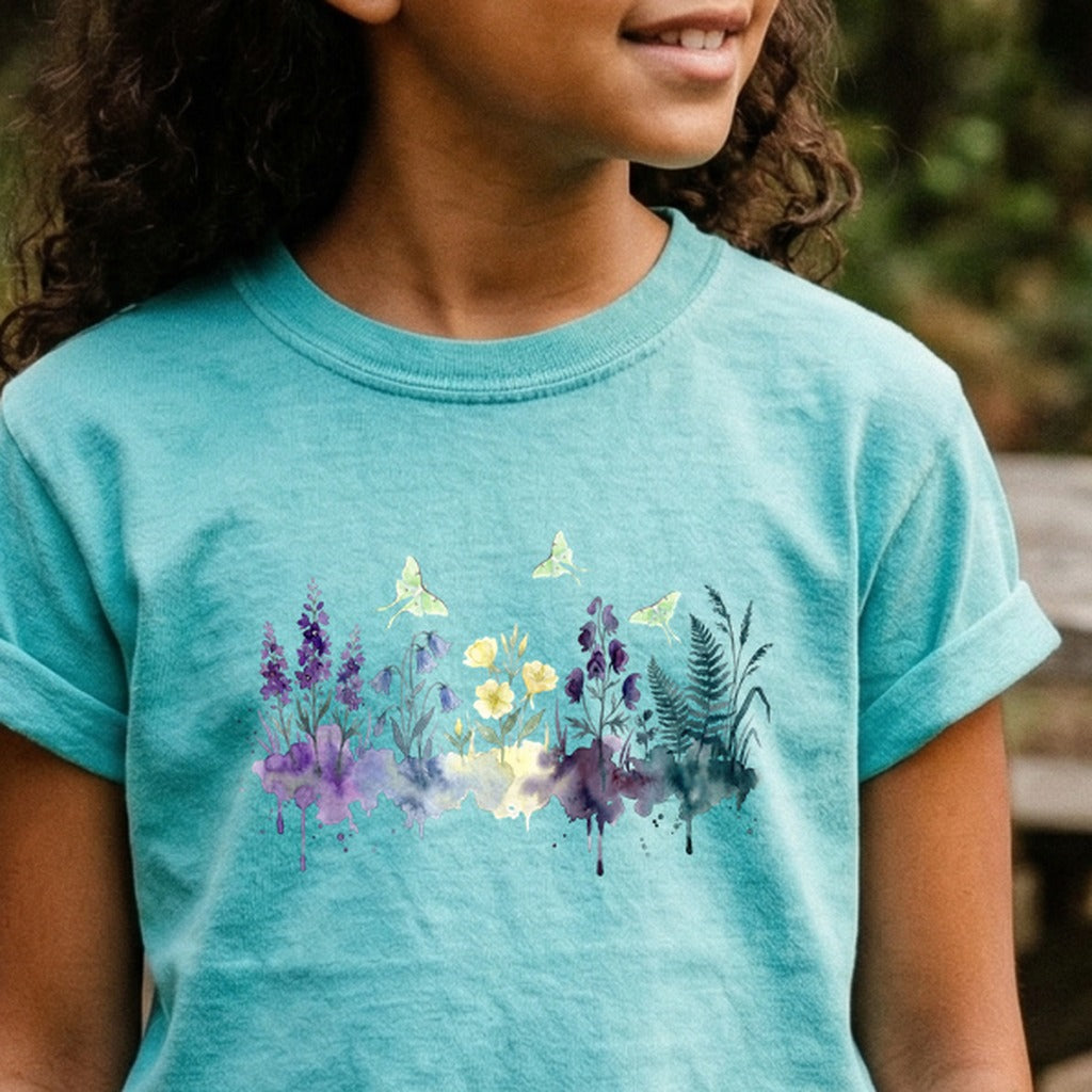 Watercolor Luna Moth Wildflowers Kids Cotton T-Shirt