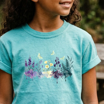 Watercolor Luna Moth Wildflowers Kids Cotton T-Shirt