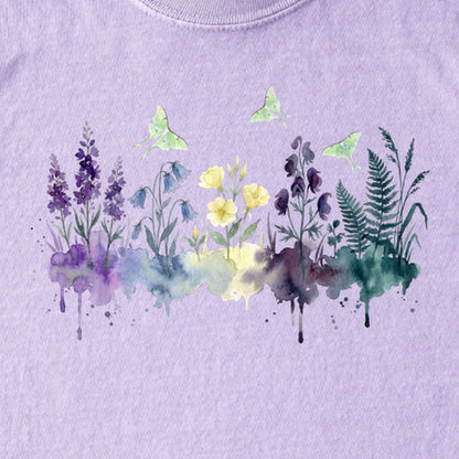 Watercolor Luna Moth Wildflowers Kids Cotton T-Shirt