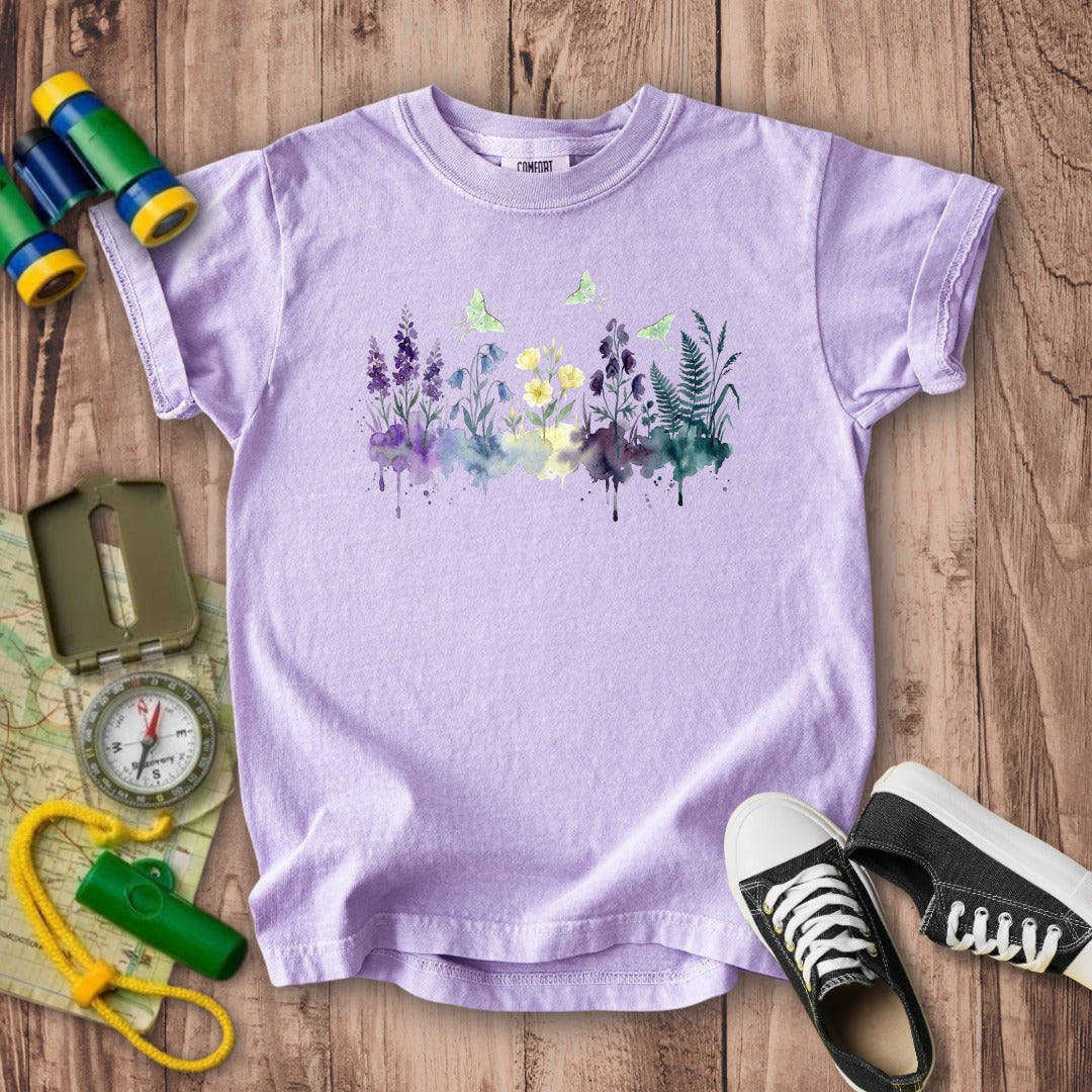 Watercolor Luna Moth Wildflowers Kids Cotton T-Shirt