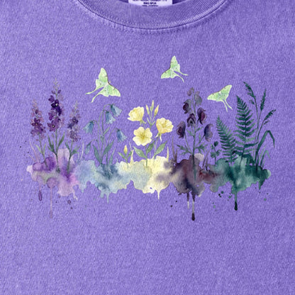 Watercolor Luna Moth Wildflowers Kids Cotton T-Shirt