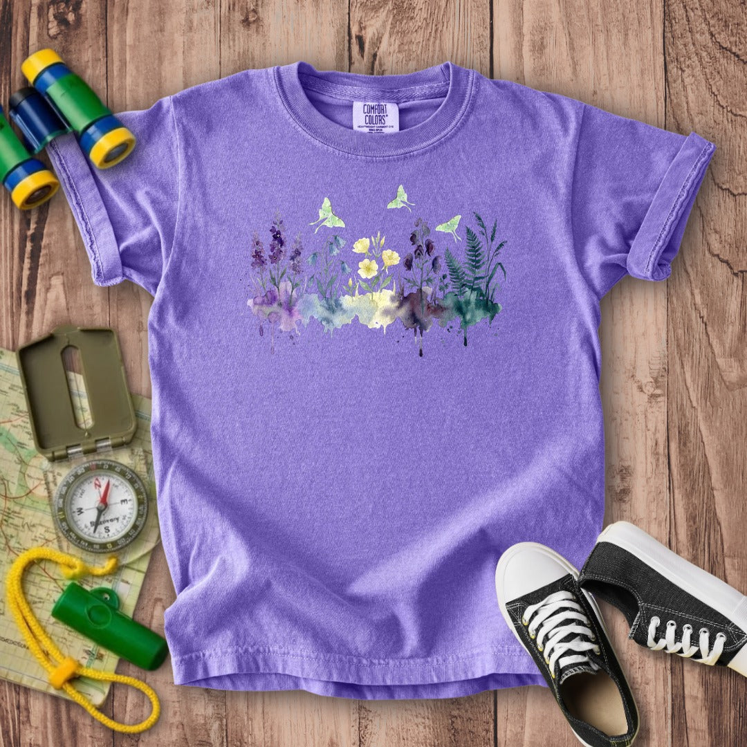 Watercolor Luna Moth Wildflowers Kids Cotton T-Shirt