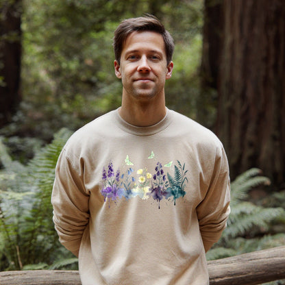 Watercolor Luna Moth Wildflowers Crewneck Sweatshirt