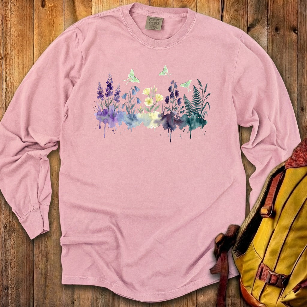 Watercolor Luna Moth Wildflowers Premium Long Sleeve