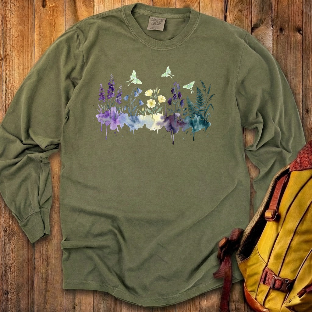Watercolor Luna Moth Wildflowers Premium Long Sleeve