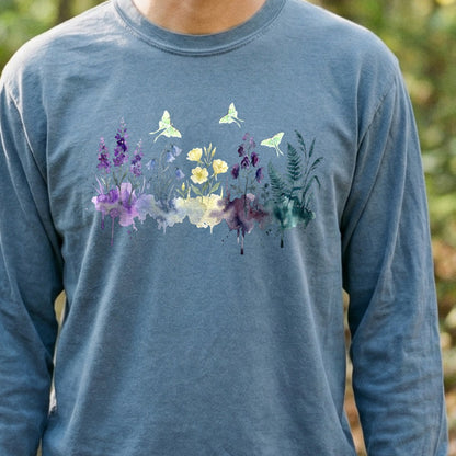 Watercolor Luna Moth Wildflowers Premium Long Sleeve