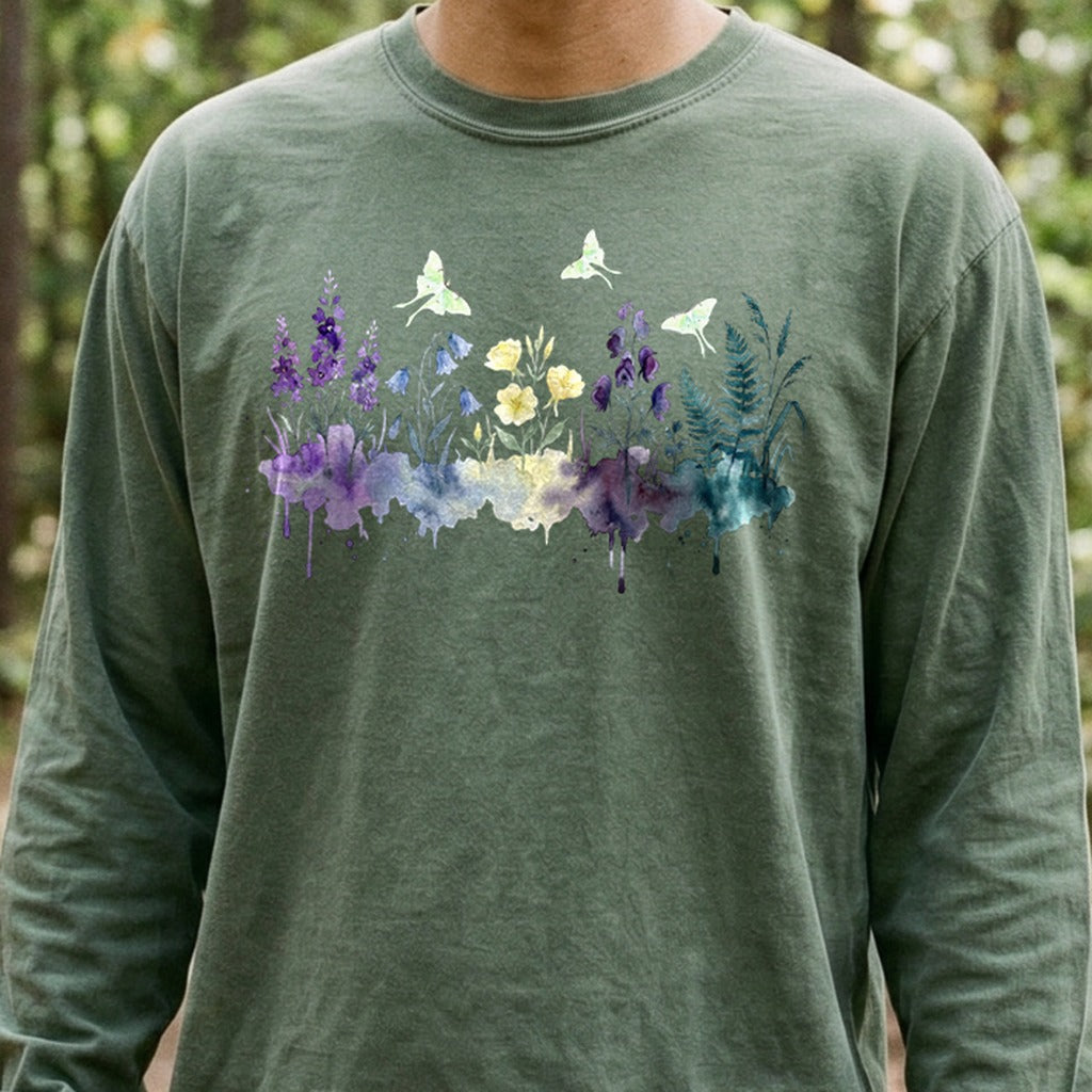 Watercolor Luna Moth Wildflowers Premium Long Sleeve