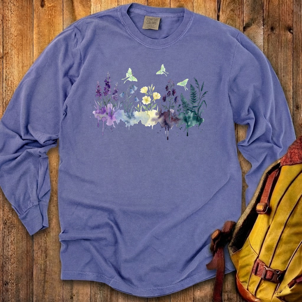 Watercolor Luna Moth Wildflowers Premium Long Sleeve