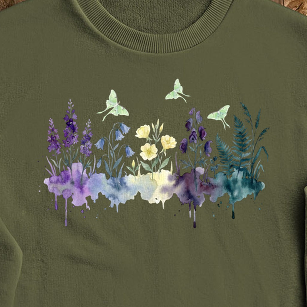 Watercolor Luna Moth Wildflowers Crewneck Sweatshirt