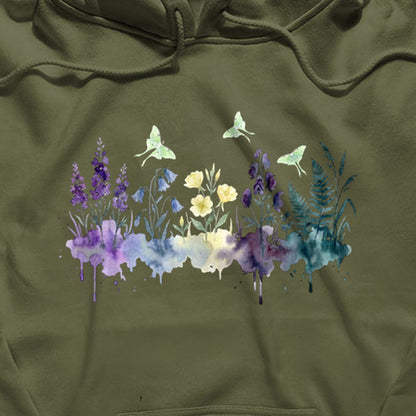 Watercolor Luna Moth Wildflowers Hoodie
