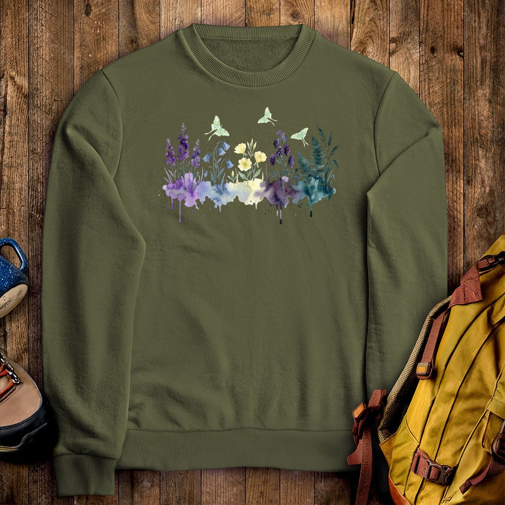 Watercolor Luna Moth Wildflowers Crewneck Sweatshirt