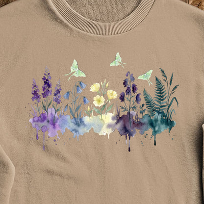 Watercolor Luna Moth Wildflowers Crewneck Sweatshirt