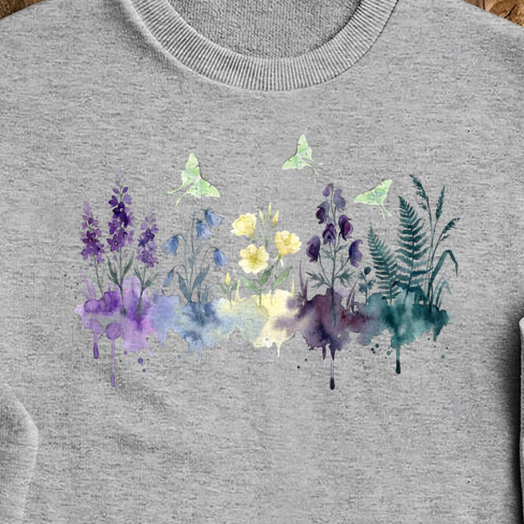 Watercolor Luna Moth Wildflowers Crewneck Sweatshirt