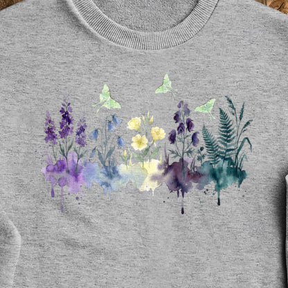 Watercolor Luna Moth Wildflowers Crewneck Sweatshirt