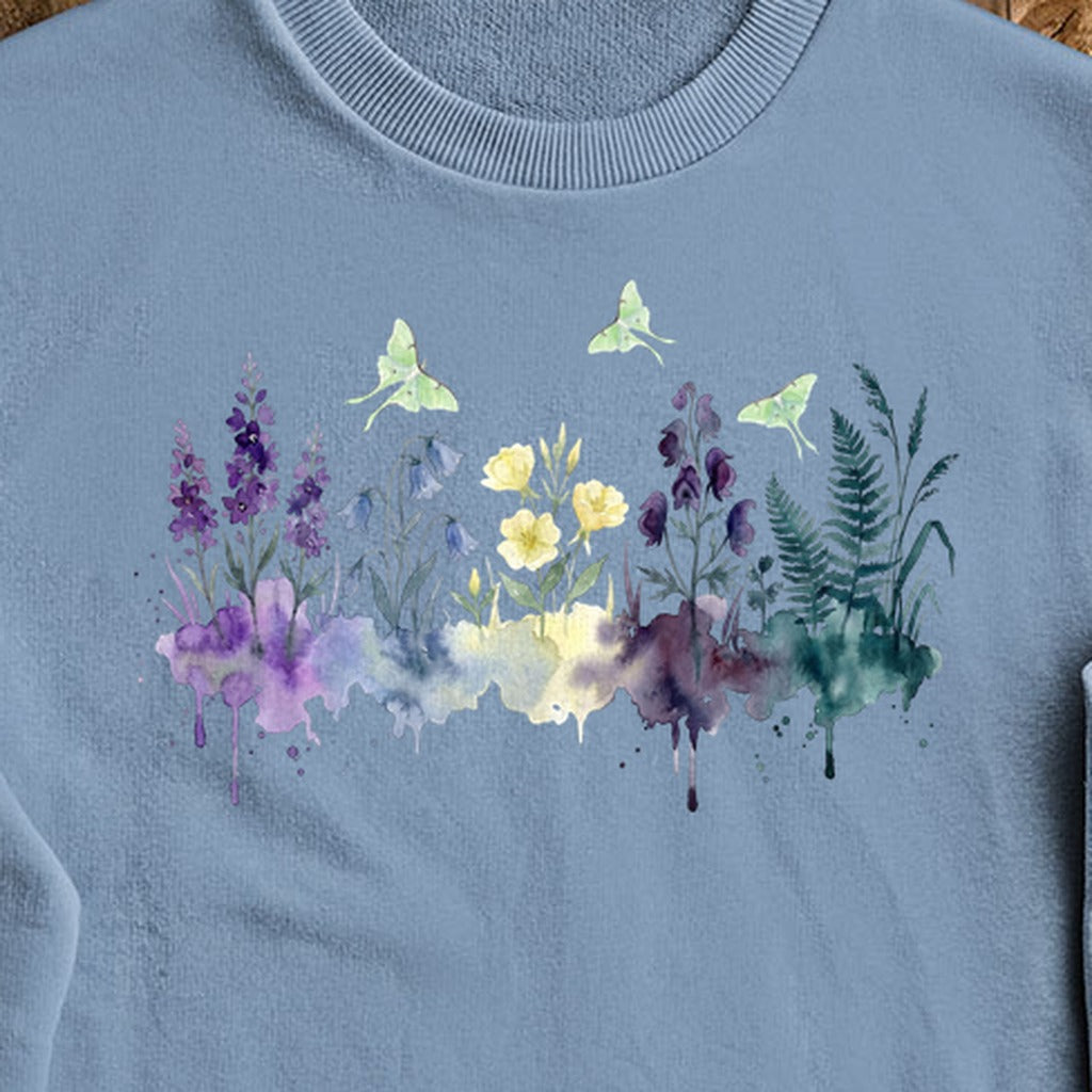 Watercolor Luna Moth Wildflowers Crewneck Sweatshirt