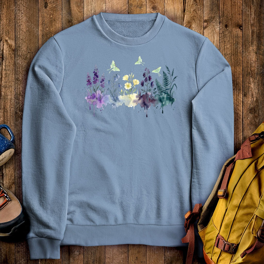 Watercolor Luna Moth Wildflowers Crewneck Sweatshirt