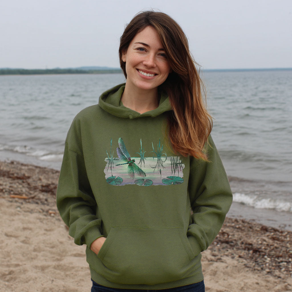 Watercolor Dragonfly on a Lake Hoodie