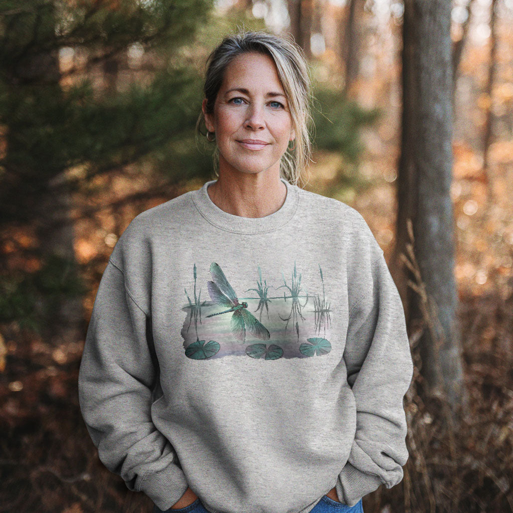 Watercolor Dragonfly on a Lake Crewneck Sweatshirt