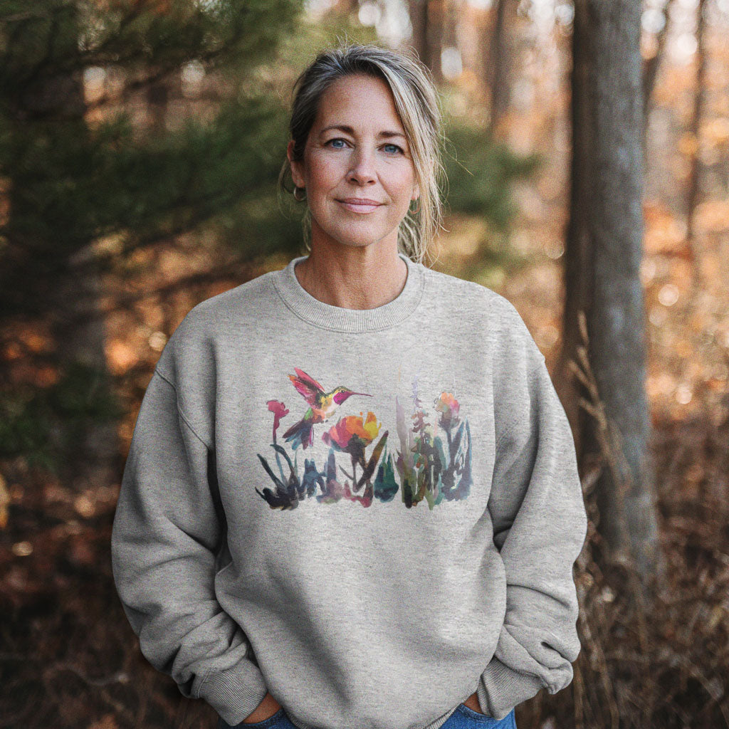 Watercolor Hummingbird with Flowers Crewneck Sweatshirt