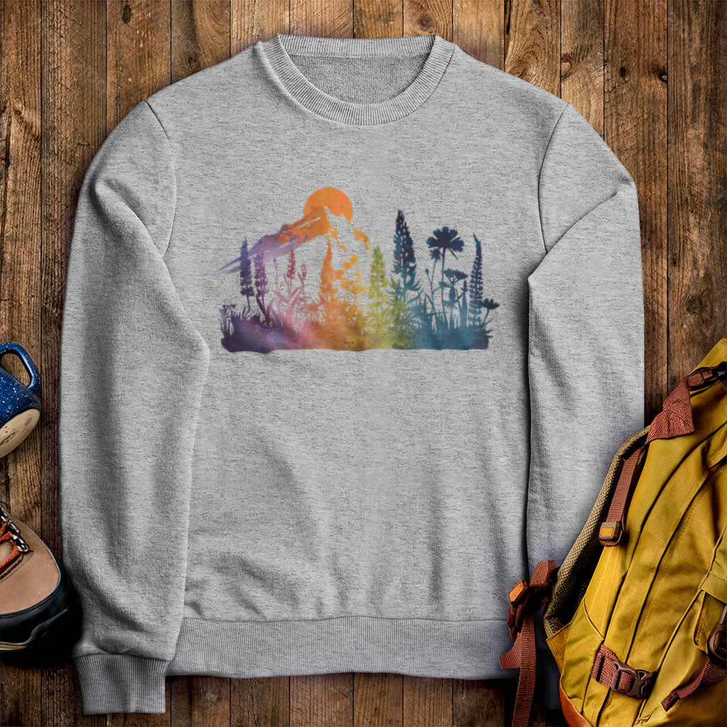 Mountain Wildflowers Sunset Watercolor Crewneck Sweatshirt