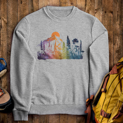 Mountain Wildflowers Sunset Watercolor Crewneck Sweatshirt