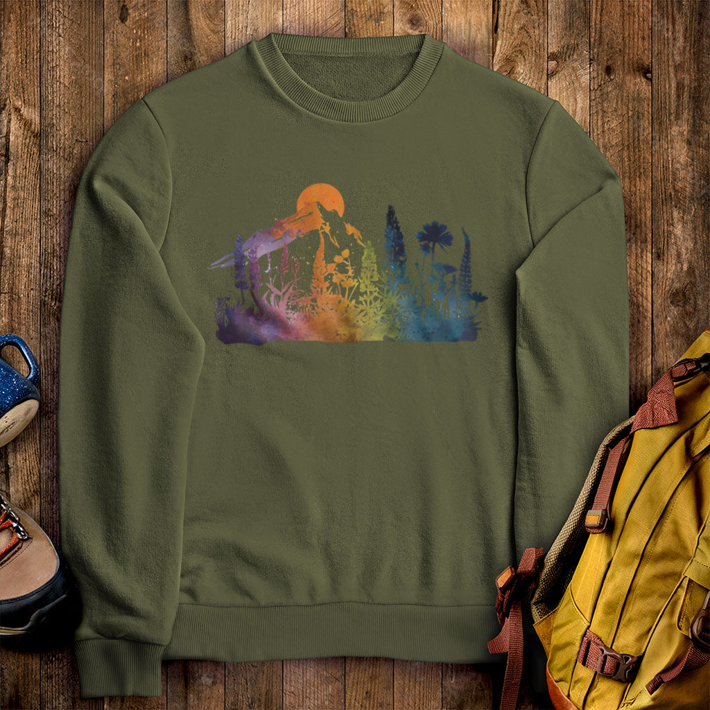Mountain Wildflowers Sunset Watercolor Crewneck Sweatshirt