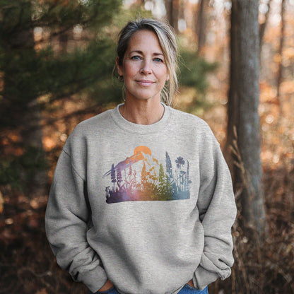 Mountain Wildflowers Sunset Watercolor Crewneck Sweatshirt