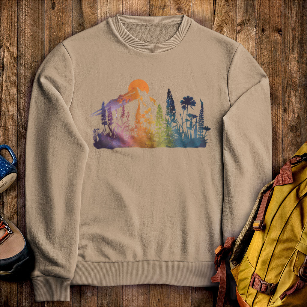 Mountain Wildflowers Sunset Watercolor Crewneck Sweatshirt