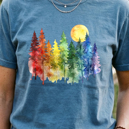 Watercolor Rainbow Forest Cotton T-Shirt