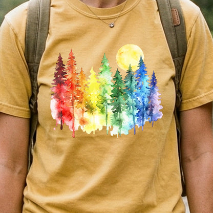Watercolor Rainbow Forest Cotton T-Shirt