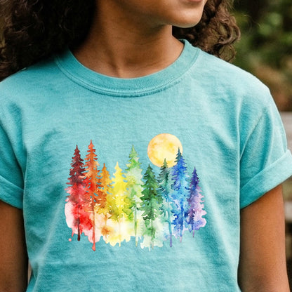 Watercolor Rainbow Forest Kids Cotton T-Shirt