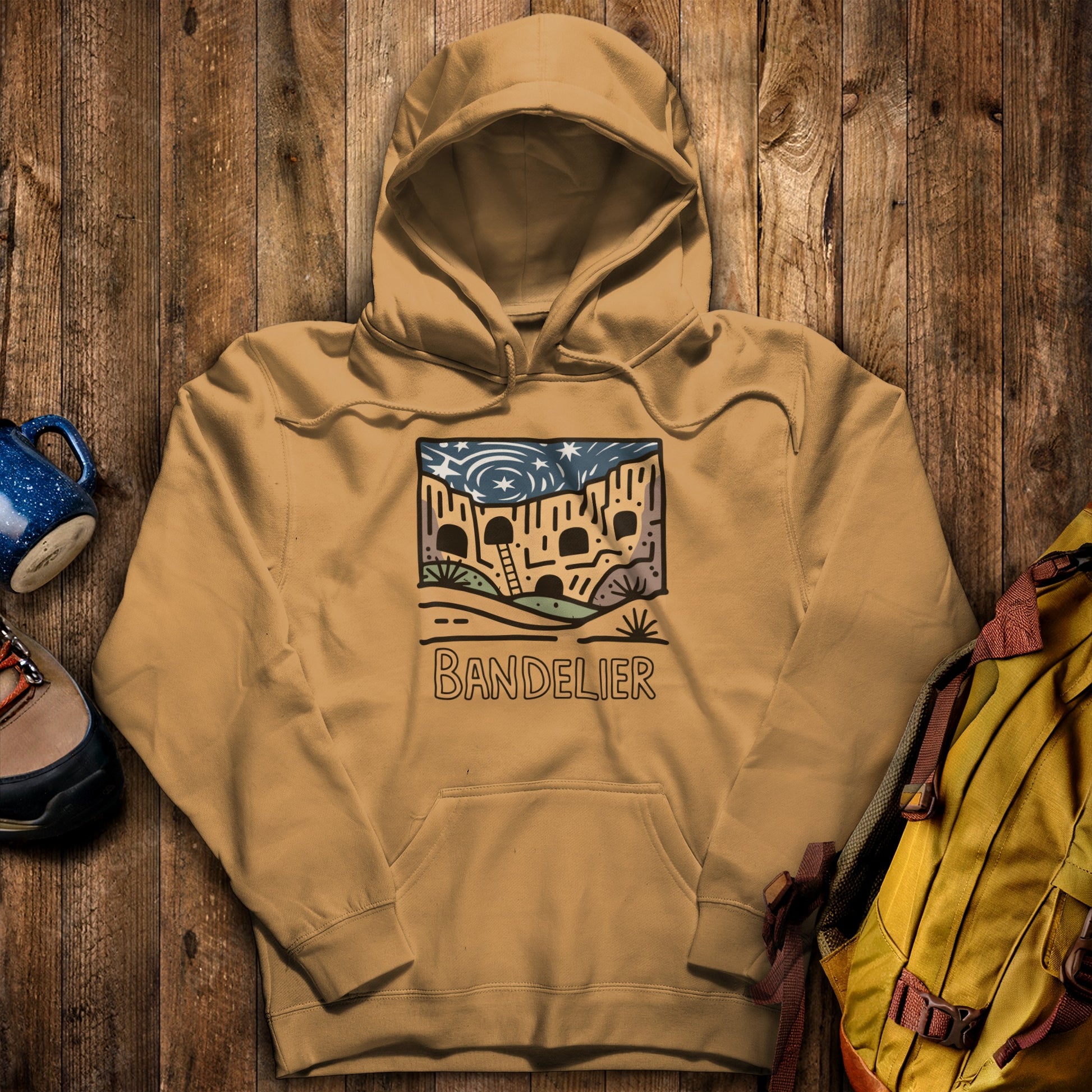 Bandelier National Monument Hoodie Mustard Adventure and Outdoors Themed Hoodie