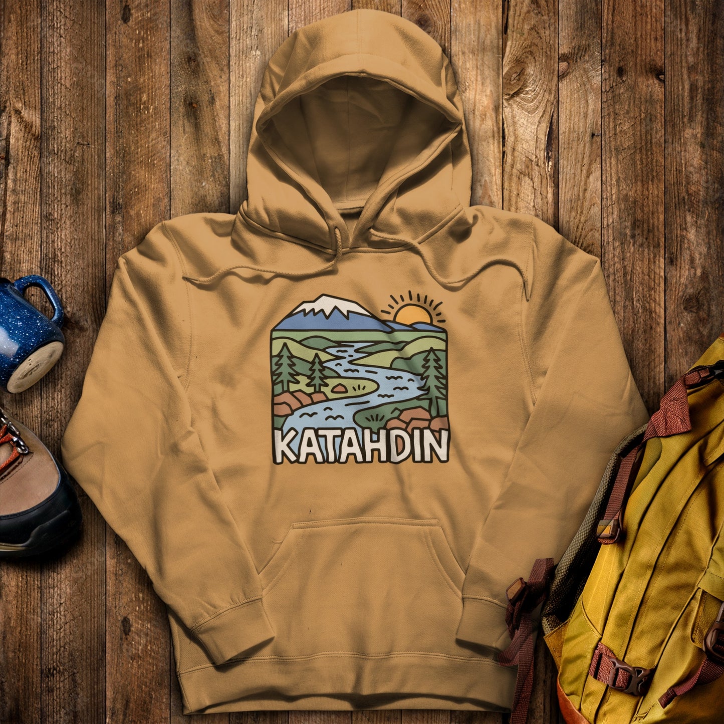 Mount Katahdin Hoodie Mustard Adventure and Outdoors Themed Hoodie