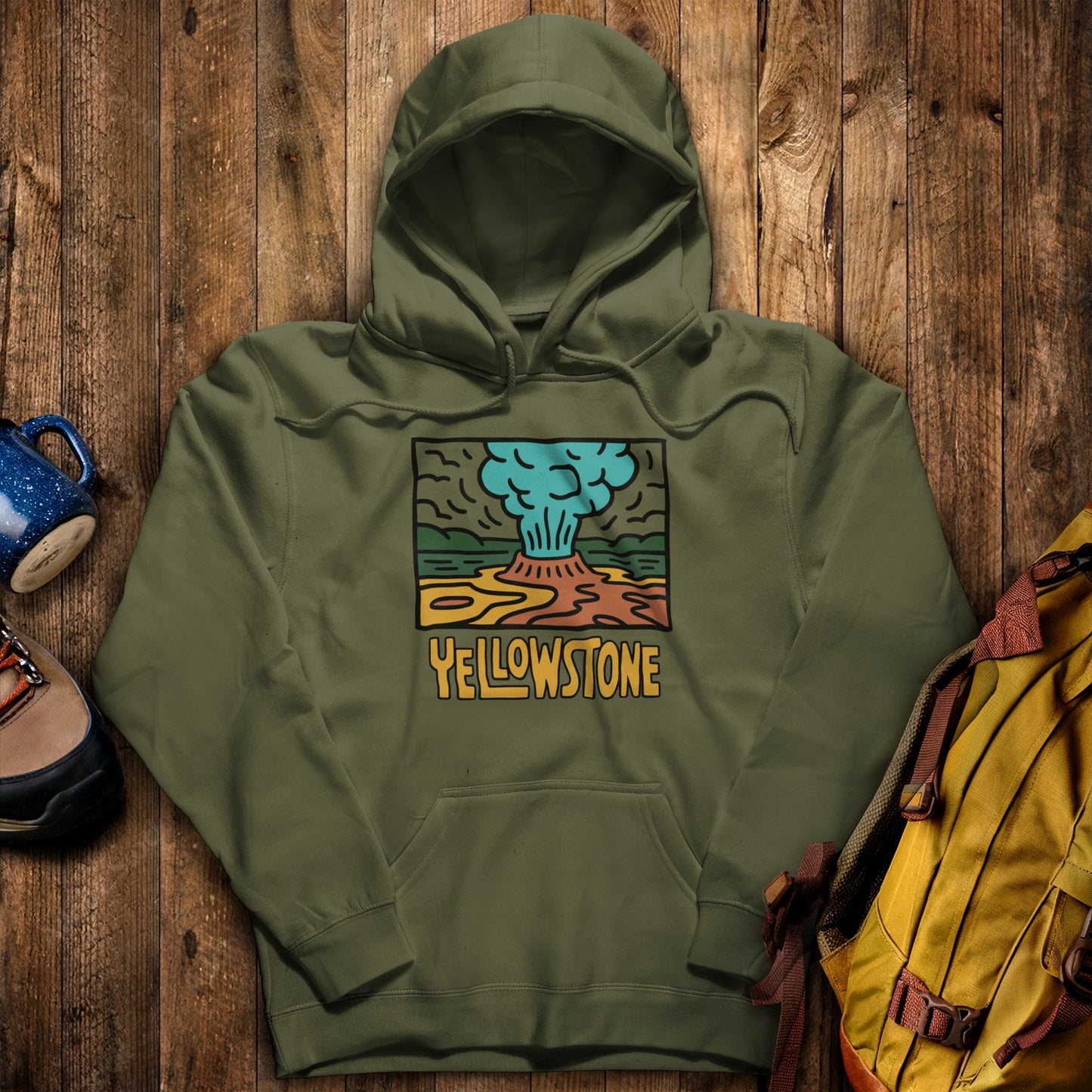 Yellowstone National Park Hoodie Military Green Adventure and Outdoors Themed Hoodie