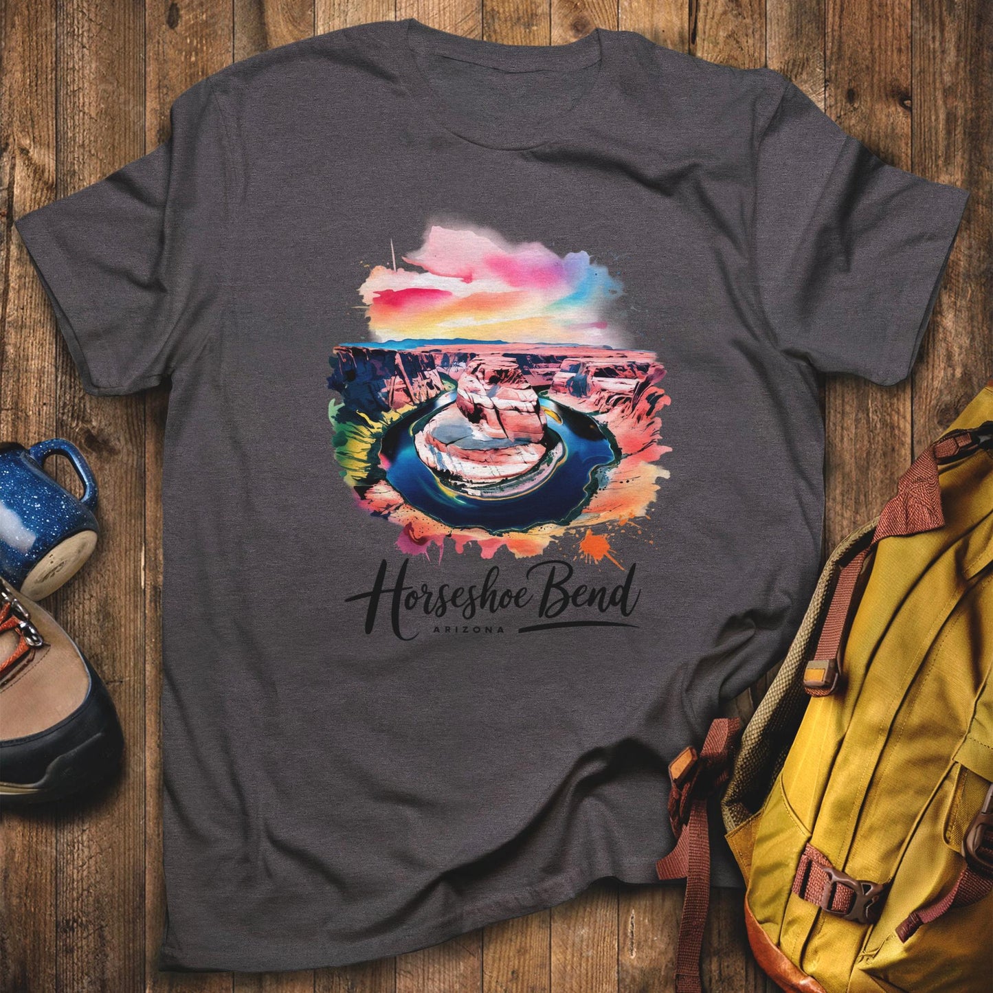 Horseshoe Bend Watercolor T-Shirt Dark Heather Adventure and Outdoors Themed T-Shirt