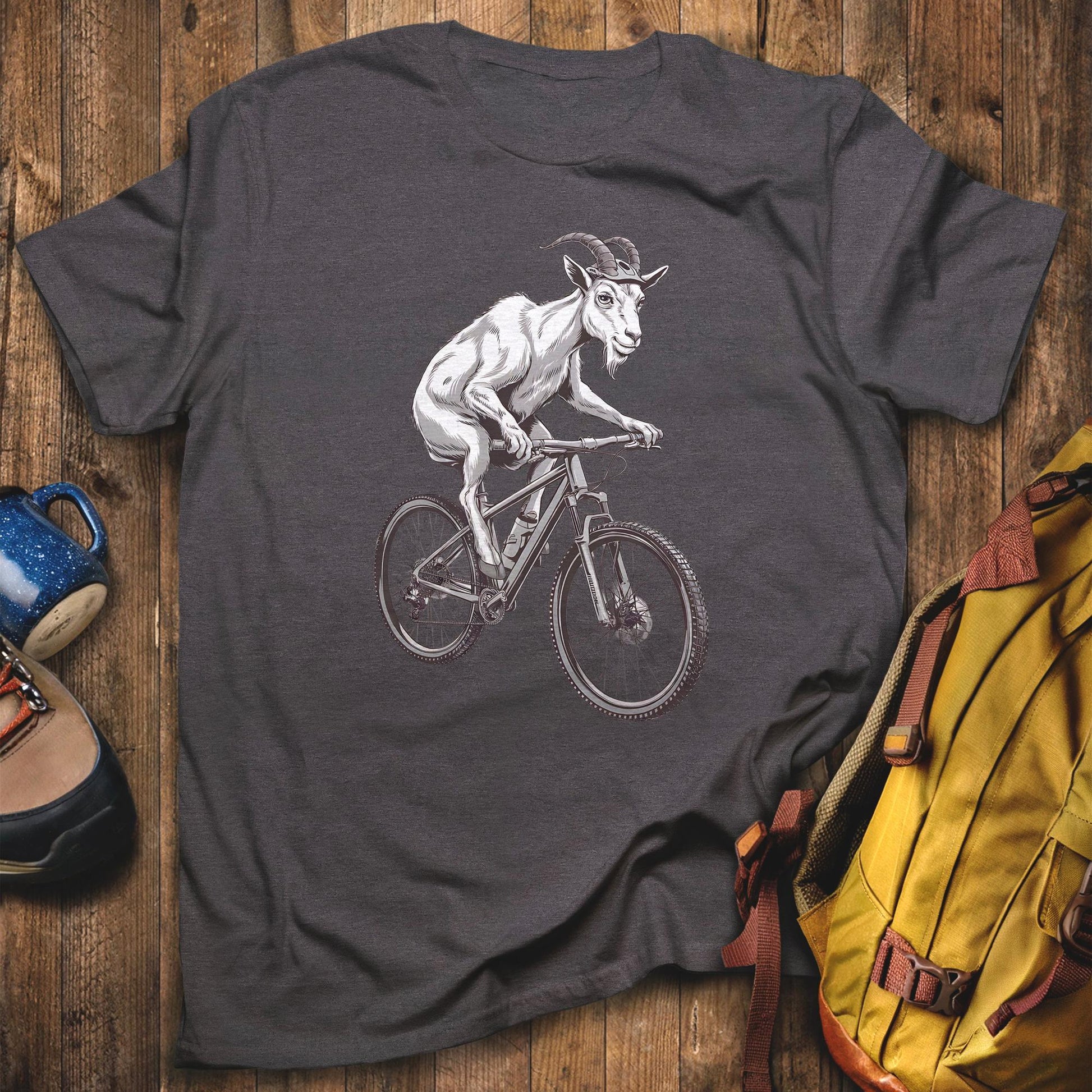 Mountain Goat Bike T-Shirt Dark Heather Adventure and Outdoors Themed T-Shirt